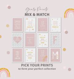Mix & Match Girls Pink Nursery Prints Set Rainbow Wall Art, Playroom Decor - thumbnail 1