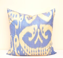 Blue Ikat Pillow Cover, Silk Cotton Cushion - 20x20 In - thumbnail 1