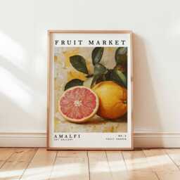 Fruit Market Poster, Amalfi Orange Italian Coast Citrus Wall Art, Mediterranean Kitchen Decor, Coastal Still Life Print - thumbnail 1