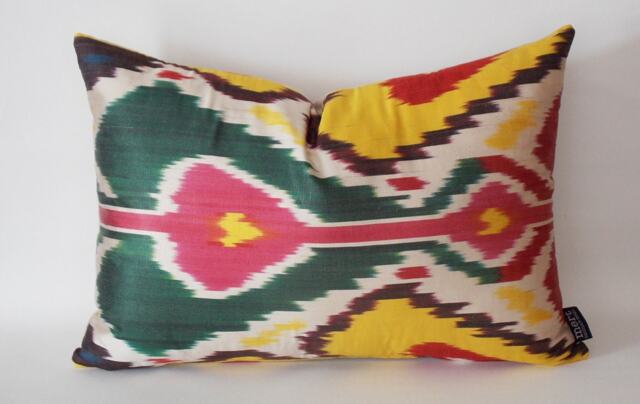 Silk Ikat Pillow Cover Colorful Uzbek Throw Pillow, 16x22 Inch - image 1