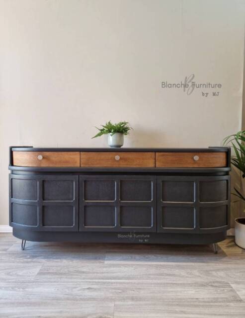 Mid Century Luxury Sideboard Nathan - Curved Teak Railings Grey Walnut Drawers Steel Hairpin Legs - image 1