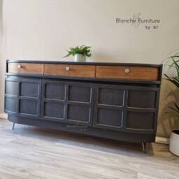 Mid Century Luxury Sideboard Nathan - Curved Teak Railings Grey Walnut Drawers Steel Hairpin Legs - thumbnail 2