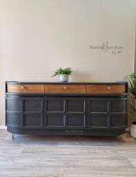 Mid Century Luxury Sideboard Nathan - Curved Teak Railings Grey Walnut Drawers Steel Hairpin Legs - thumbnail 1