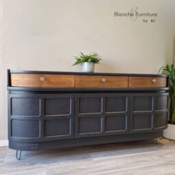 Mid Century Luxury Sideboard Nathan - Curved Teak Railings Grey Walnut Drawers Steel Hairpin Legs - thumbnail 4