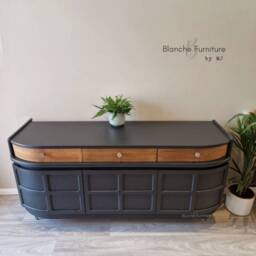 Mid Century Luxury Sideboard Nathan - Curved Teak Railings Grey Walnut Drawers Steel Hairpin Legs - thumbnail 3