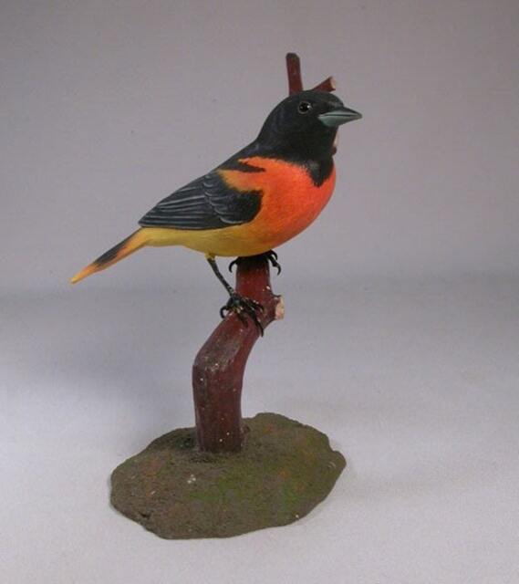 Baltimore Oriole On Branch Wooden Carved Bird - image 1