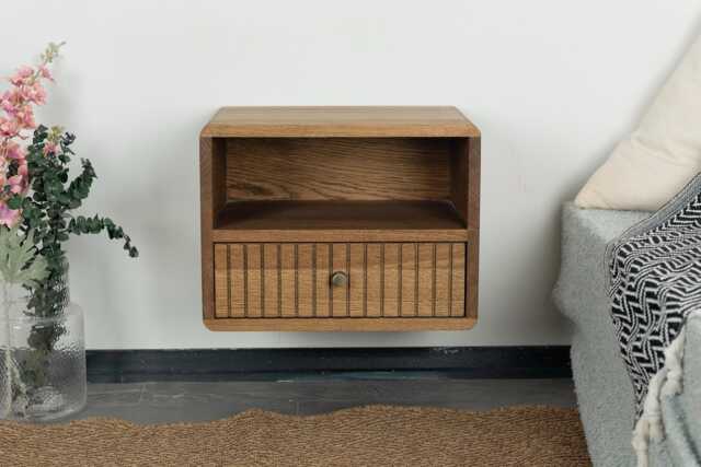 Floating Nightstand With Fluted Drawer & Open Shelf in Solid Oak - Wall Mounted - image 1