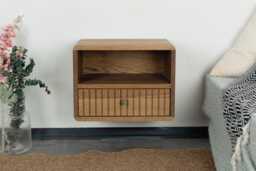 Floating Nightstand With Fluted Drawer & Open Shelf in Solid Oak - Wall Mounted