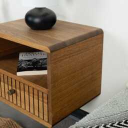 Floating Nightstand With Fluted Drawer & Open Shelf in Solid Oak - Wall Mounted - thumbnail 2