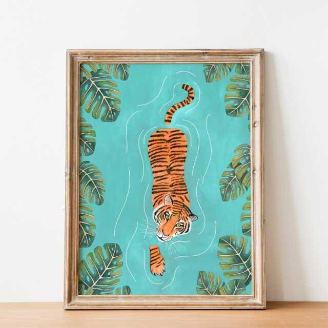 Swimming Tiger Art Print Tropical Jungle Painting, Safari Poster, Kids Room Decor - image 1