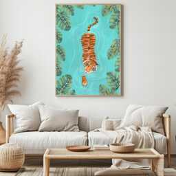 Swimming Tiger Art Print Tropical Jungle Painting, Safari Poster, Kids Room Decor - thumbnail 4
