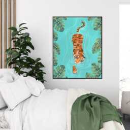 Swimming Tiger Art Print Tropical Jungle Painting, Safari Poster, Kids Room Decor - thumbnail 3