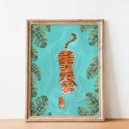 Swimming Tiger Art Print Tropical Jungle Painting, Safari Poster, Kids Room Decor - thumbnail 1