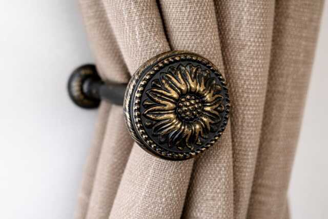Handpainted Aged Vintage Black Flower Curtain Holdbacks - 120mm Tiebacks, Pullbacks, Shabby Chic, Heritage, Drapery Holders, Ties - image 1