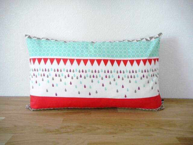 Cushion Cover 50 X 30 cm, Graphic Printed Fabric, Red Green & Purple, Back Herringbone Fabric Brown, Scandinavian, Trendy - image 1