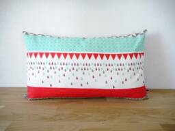 Cushion Cover 50 X 30 cm, Graphic Printed Fabric, Red Green & Purple, Back Herringbone Fabric Brown, Scandinavian, Trendy - thumbnail 1