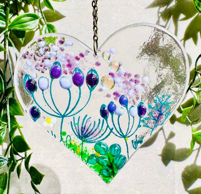 Fused Glass Heart Handmade Floral Hanging Art, Daisy & Purple Detail - image 1