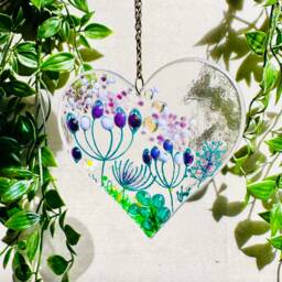 Fused Glass Heart Handmade Floral Hanging Art, Daisy & Purple Detail - thumbnail 2