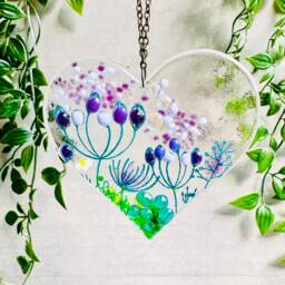 Fused Glass Heart Handmade Floral Hanging Art, Daisy & Purple Detail - thumbnail 3