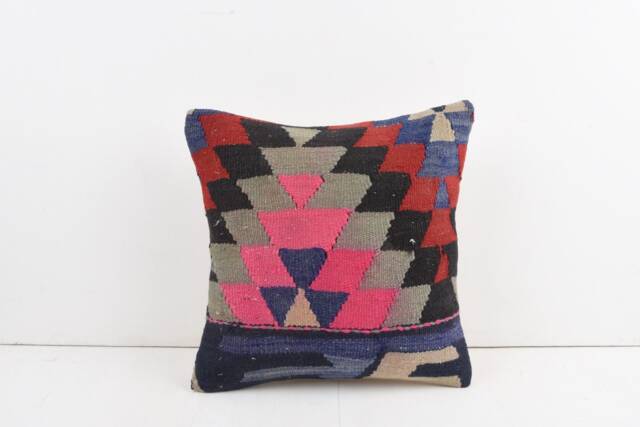 Vintage Turkish Kilim Pillow Cover Handwoven Wool Cushion, 16x16 - image 1
