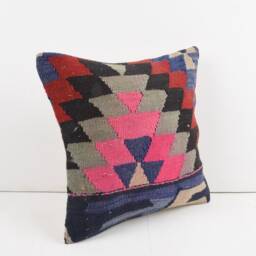 Vintage Turkish Kilim Pillow Cover Handwoven Wool Cushion, 16x16 - thumbnail 2