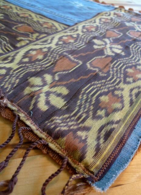 Floor Or Table Rug - Handwoven Ikat Fabric Mixed With Recycled Denim Genuine Ikat - image 1