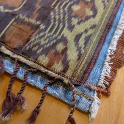 Floor Or Table Rug - Handwoven Ikat Fabric Mixed With Recycled Denim Genuine Ikat - thumbnail 3