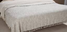 Turkish Bed Throw, Grey Single Bedspread, Boho Blanket, Sofa Bedcover With Tassel, 100% Cotton Handwoven Tassel Bedding - thumbnail 1