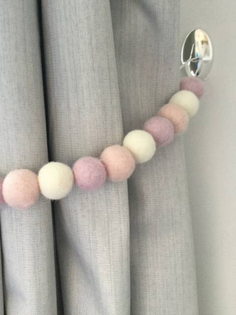 Felt Ball Curtain Tie Back Baby Pink, Lilac, & White - image 1