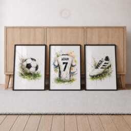 Custom Football Shirt Prints - Personalised Kids Bedroom Posters, Boys Soccer Wall Art Set