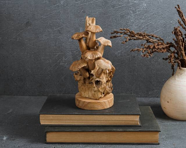 Hand Carved Wood Mushroom Sculpture Rustic Floral Decor 6.8 - image 1