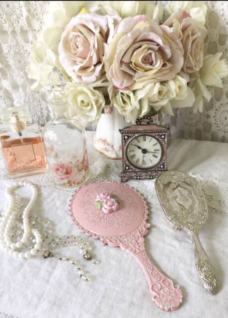 Victorian Style Hand Mirror Shabby Pink Rose Vanity Mirror - image 1