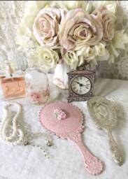 Victorian Style Hand Mirror Shabby Pink Rose Vanity Mirror - thumbnail 1