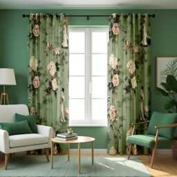 Oriental Floral Curtains, Green Chinese Garden Design Vintage Style Drapes, Custom Made Eyelet Or Rod Pocket Panels - thumbnail 1