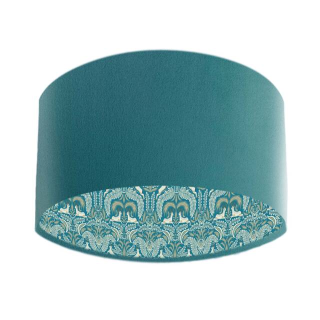 Teal Blue Velvet Lampshade With Woodland Print Lining - image 1
