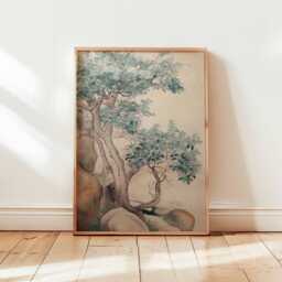 Asian Tree Wall Art, Traditional Botanical Painting Print, Minimalist Zen Nature Poster, Japanese Ink Landscape Artwork, Unframed - thumbnail 1