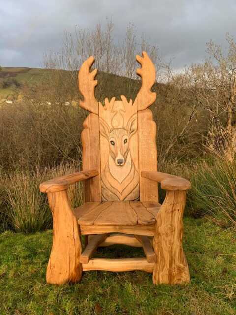 Rustic Wooden Deer Throne Chair - Hand-Carved Storytelling Seat With Antler Design, Perfect For Gardens, Libraries, Or Schools