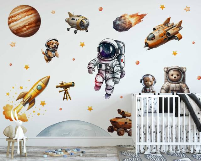 Watercolor Space Adventure Wall Stickers - Astronauts, Mars, Planets, Spaceships, Cute Animals, Nursery Decor, Removable Fabric Decals - image 1
