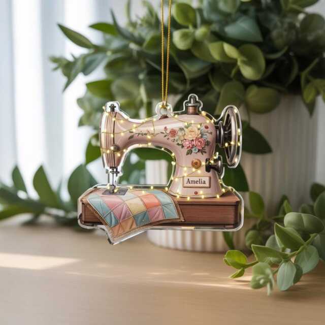 Personalized Pink Sewing Machine Acrylic Ornament, Custom Quilter Christmas Light Quilting Decor, Gift For Lovers - image 1