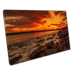 Long Exposure Fiery Seascape Sunset Canvas Print Relaxing Rocky Beach Wall Art For Home Office - thumbnail 1