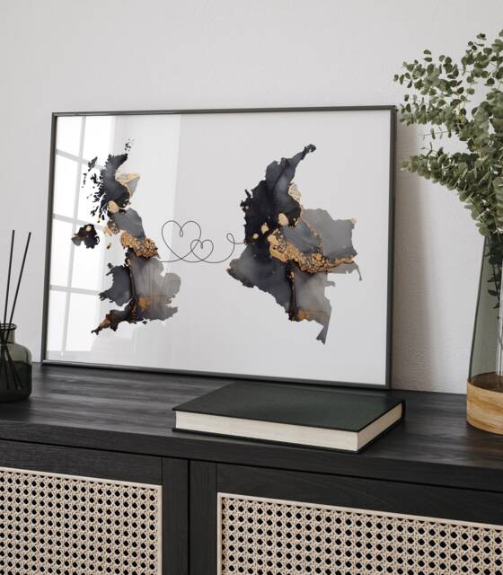 Britain & Colombia Map Black & Gold Travel Wall Art Print - United Kingdom UK - image 1