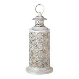 White & Gold Moroccan Style Candle Lantern With Cutout Detail - Tall Metal Pillar Holder Garden Hanging Candleholder