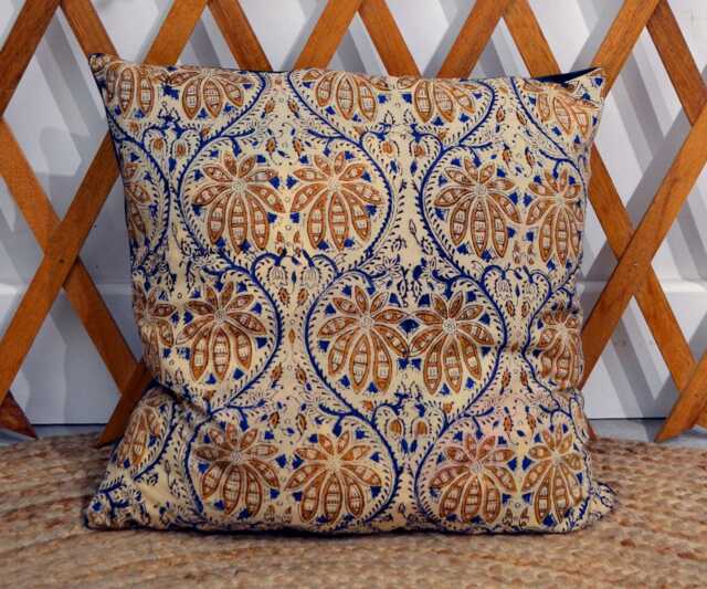 40x40cm Cushion - Handmade in France Blockprint Floral Cotton & Velvet - image 1