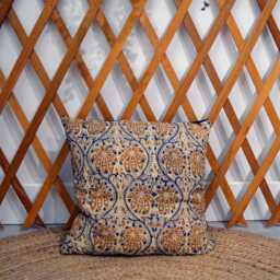40x40cm Cushion - Handmade in France Blockprint Floral Cotton & Velvet - thumbnail 2
