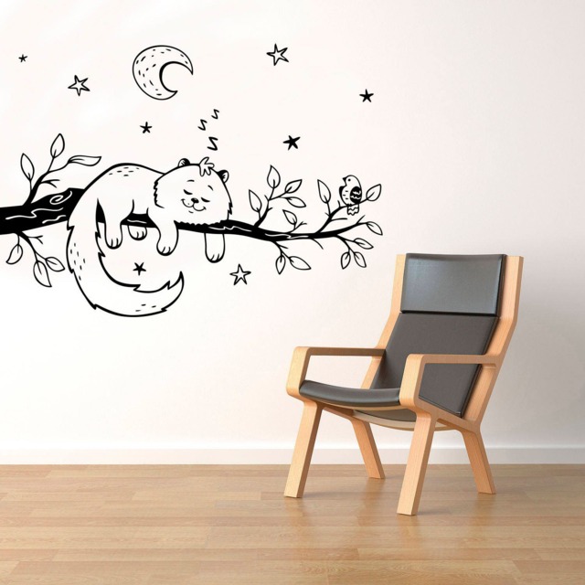Sleeping Cat On Branch Wall Decal Starry Sky Vinyl Sticker Home Kids Room Art Decor - 18Nr - image 1