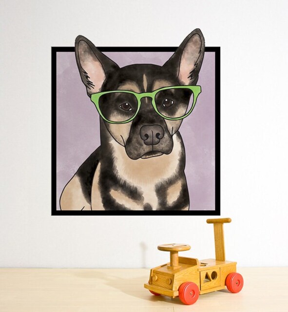 German Shephard With Flasess Wall Sticker Decal - Dogs & Pets Stickers, Art, Decals, Kids Animals Decals