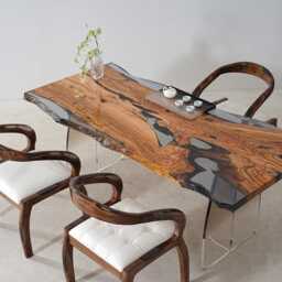Handcrafted Live Edge Wood Resin Table, Modern Acrylic Legs - thumbnail 1