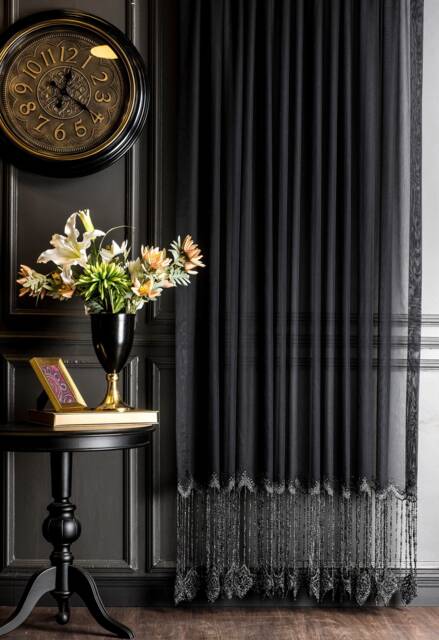 Black Embroidered Sheer Curtain Luxury Tulle With Lace Fringe - image 1