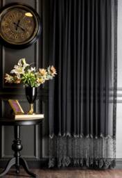 Black Embroidered Sheer Curtain Luxury Tulle With Lace Fringe - thumbnail 1