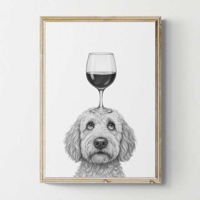 Goldendoodle Dog Art Print, Funny & Wine Drawing, Lover Wall Decor, Lovers Gifts - image 1